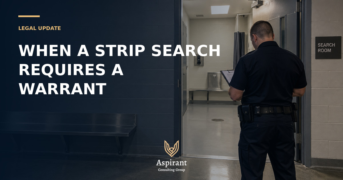Legal update graphic showing an officer outside a private booking-area search room
