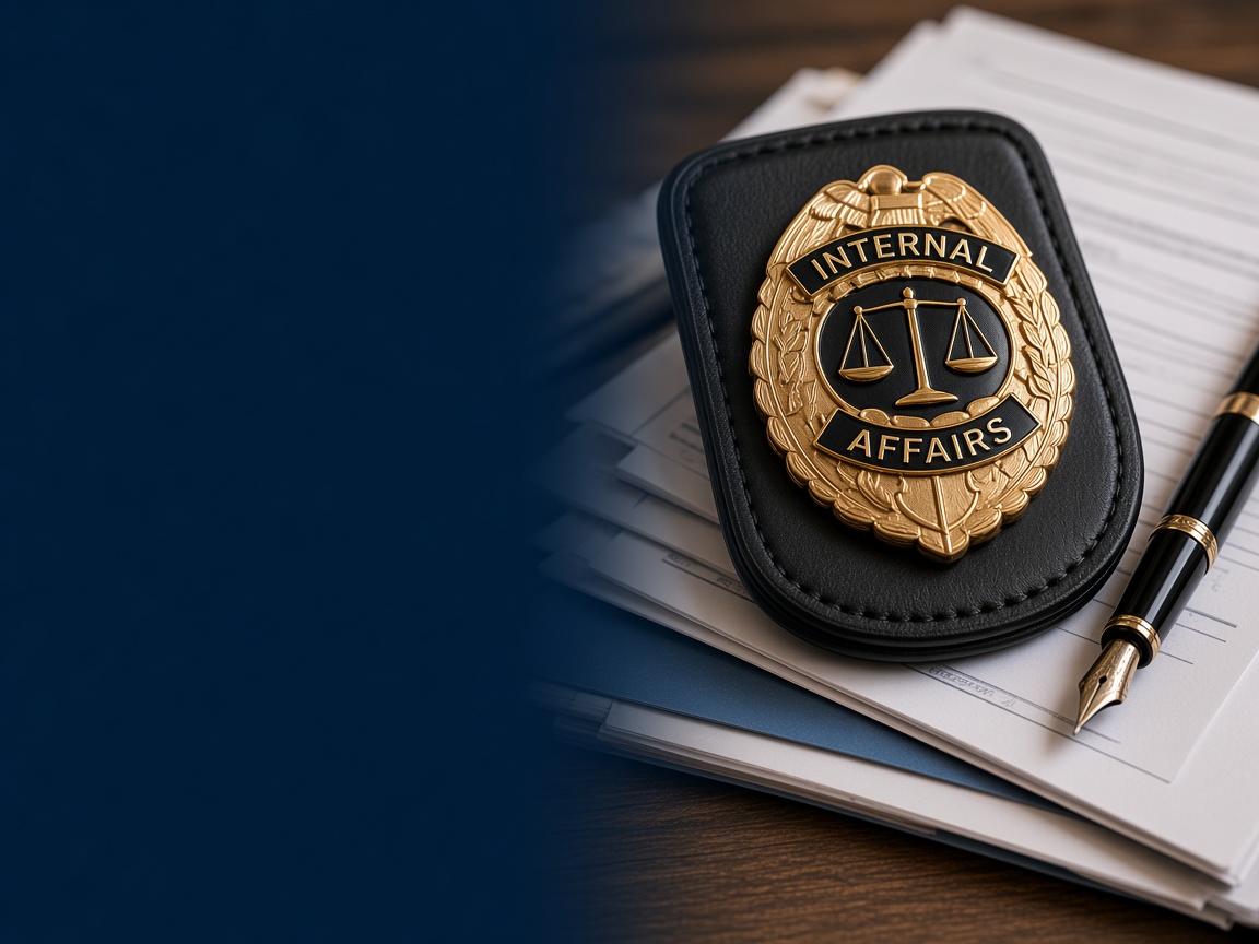 An internal affairs badge, case documents, and a pen
