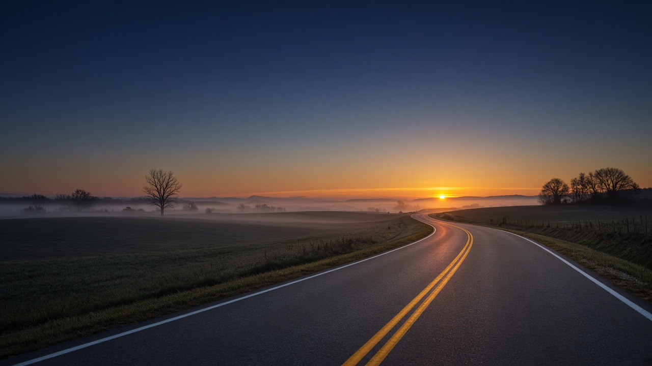 An open road curving toward the sunrise