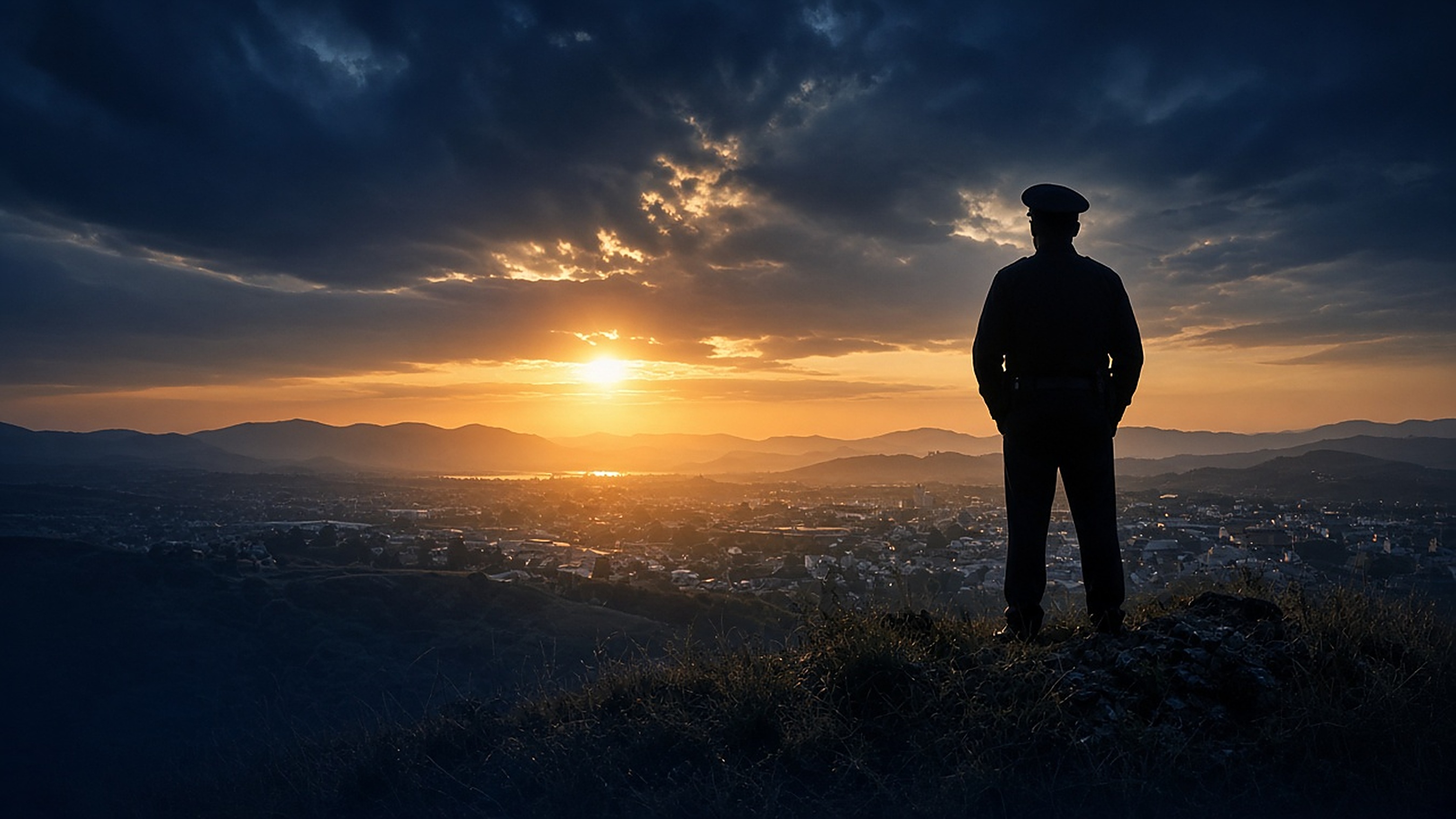 A police officer overlooking a community at sunrise